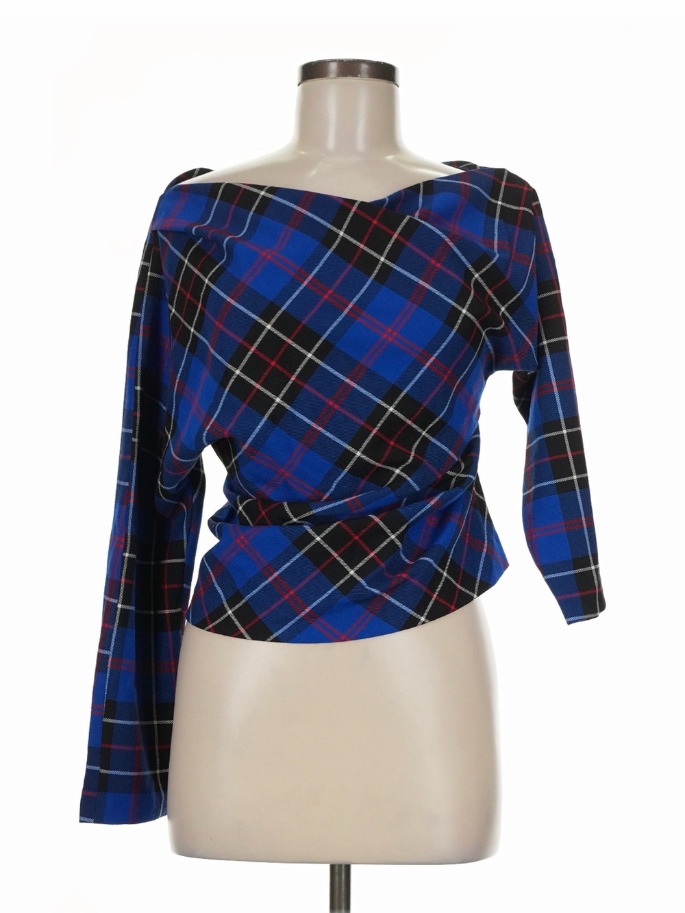 Zara Blue Plaid Asymmetrical Off-Shoulder Long Sleeve Tunic